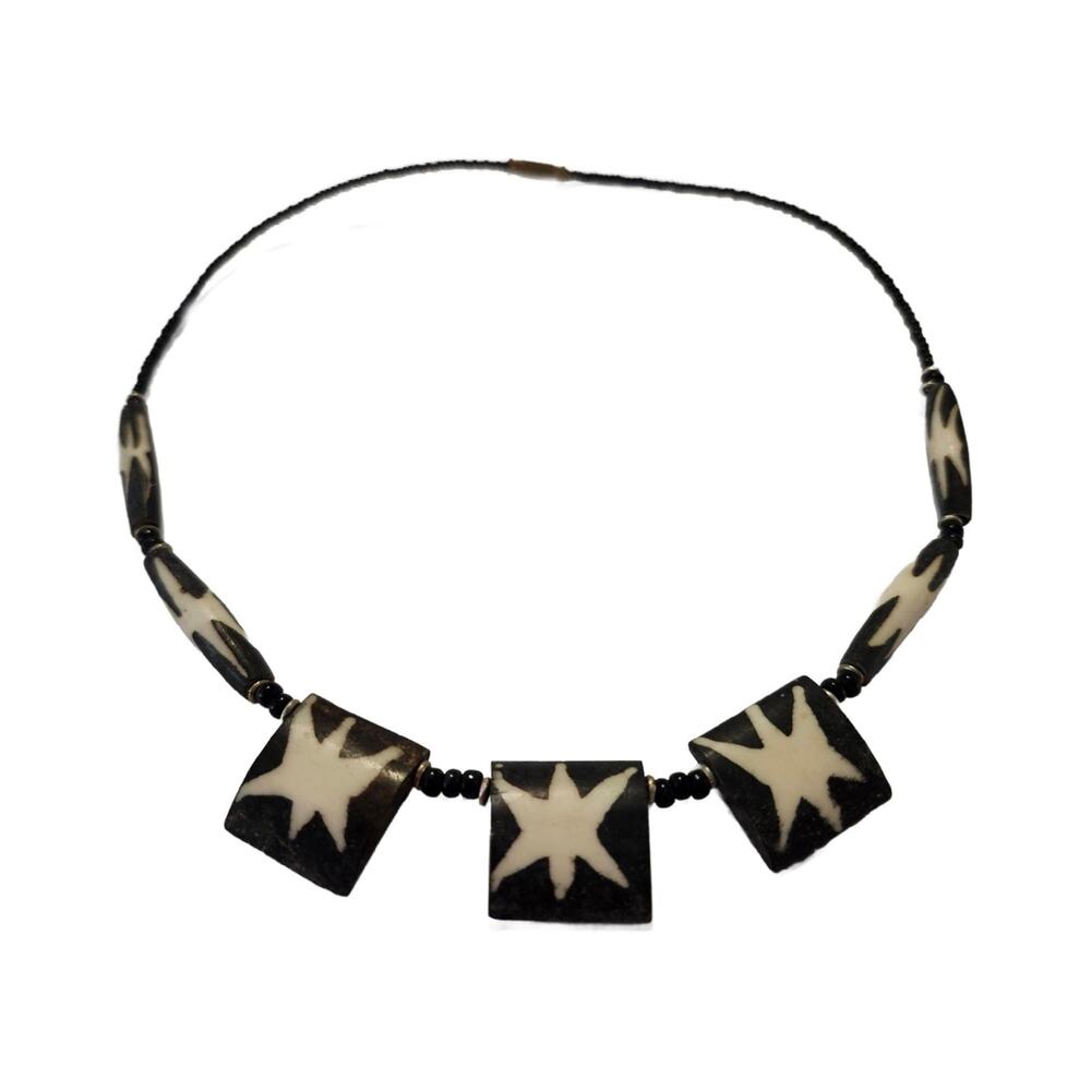 Vintage African Batik Bone Bead Choker, Black and Square Beads